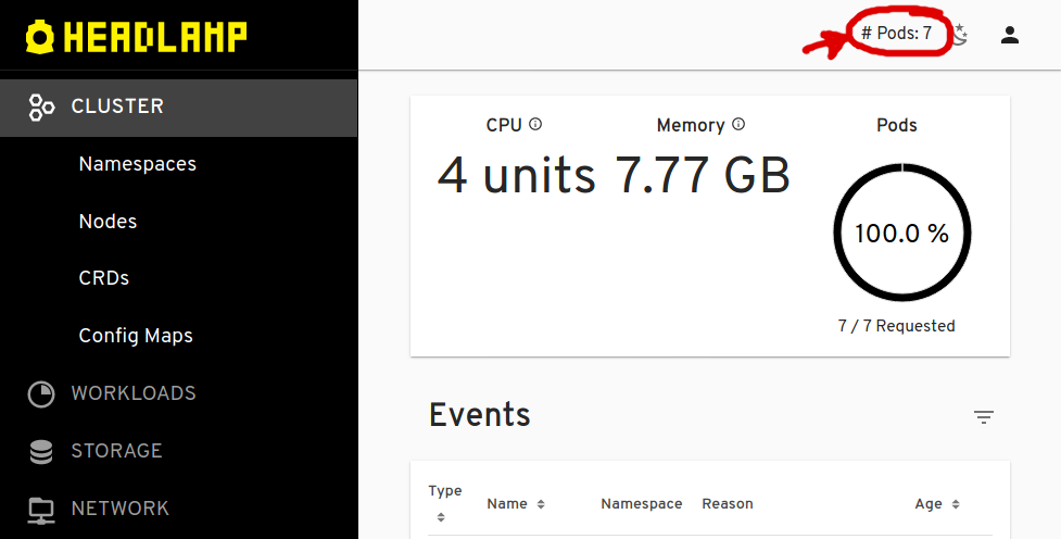 Screenshot of Headlamp with the example pod-counter plugin running which places a pod counter label on top